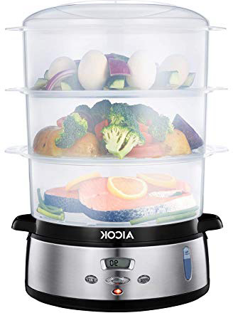 Aicok Vaporera, Vaporera eléctrico de 9 litros con pantalla LED de Temporizador, 3 recipientes Independientes, cuenco para preparar arroz, 800W, Acero Inox,Sin BPA,2 entradas Laterales de Agua.