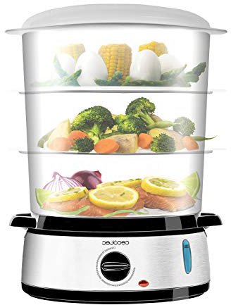 Cecotec Vaporera eléctrica Vapovita 3000 INOX con 800 W, 3 recipientes Independientes, Cuenco para Preparar arroz, Soportes para cocer Huevos, Temporizador 60 Minutos. 2 entradas Laterales de Agua.