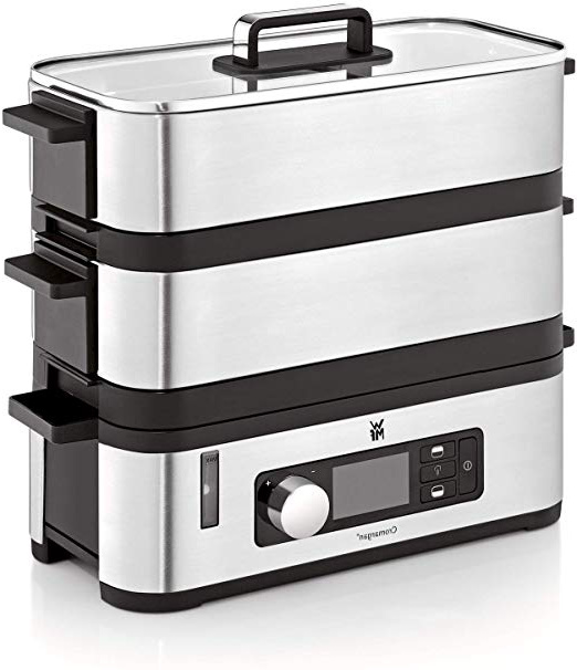 WMF Kitchenminis Vaporera 900 W de hasta 4.3 L y depósito de Agua de 1.1 L, Dos Zonas de cocción y función de Mantenimiento de la Calor, Acabados de Acero Inoxidable de cromargan