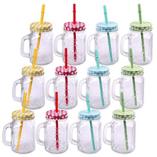 Schramm® Pack de 12 vasos con tapa, asa y pajita vasos de cristal con pajita para beber cóctel de cristal 500ml Jarra para beber Vintage Terraza retro del jardín