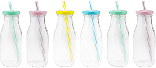 Invero - Juego de 6 vasos con tapas de colores pastel y pajitas a rayas – ideal para barbacoas, fiestas de verano, picnics y más (320 ml por cristal)
