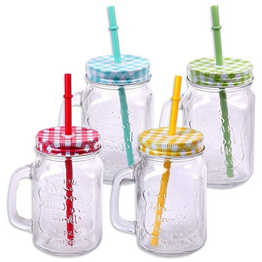 Schramm® Paquete de 4 Vasos con Tapa, asa y Pajita Vasos de Cristal con Pajita para Beber cóctel de Cristal 500ml Jarra para Beber Vintage Retro Garden Terrace