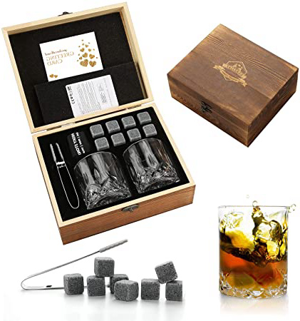 Set de regalo de Whisky Stones and Glasses, Whiskey Rocks Chilling Stones en una caja de madera hecha a mano - Bebidas frescas sin dilución - Whisky Glasses Set of 2, Gift for Dad, Husband, Men