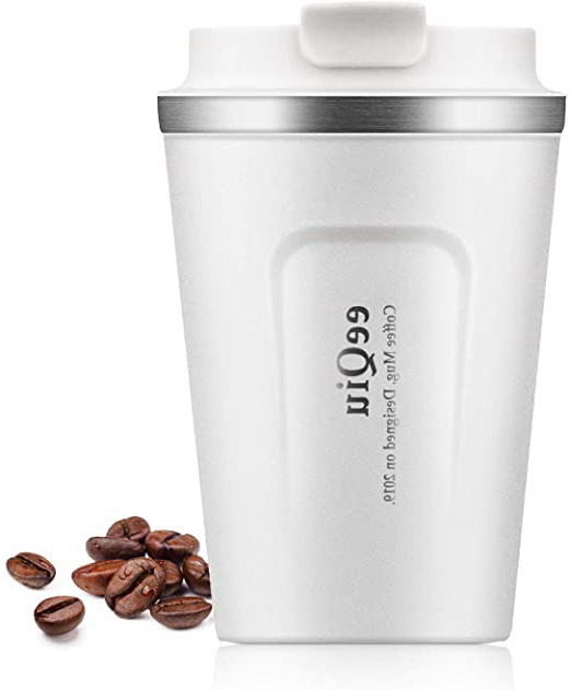 Taza de café reutilizable, taza de viaje de 13 oz hecha de acero inoxidable con aislamiento de doble pared Tapa 100% a prueba de fugas Tapa de automóvil ecológica para café, té y cerveza (blanco)