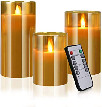 Vela LED de Vidrio, Set de 3 Verdadera Cera Velas Sin Llama, con Control Remoto y Temporizador, 10 cm/12.5 cm/15 cm de Alto(3 * Pilas AAA)