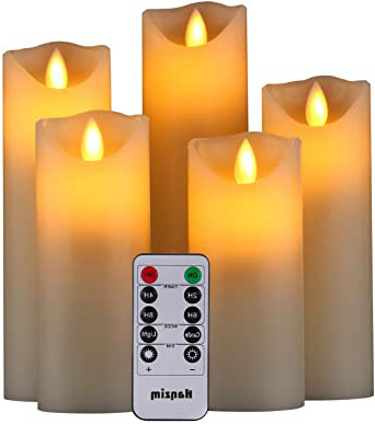 HANZIM LED Velas sin Llama 4"5" 6"7" 8"9" Juego de 5 Pilas de Cera Real no de plástico 10 Teclas con 2/4/6/8 Horas Función del Temporizador 300+ Horas (Marfil)