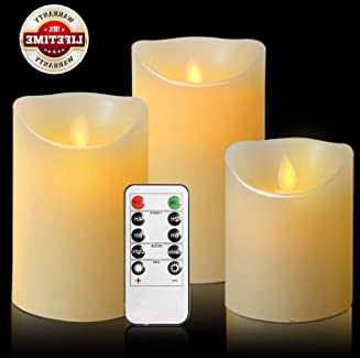 OSHINE - Velas sin Llama, Juego de 3 Pilares de Cera Real sin Goteo con LED de Baile Realistas y Control Remoto de 10 Teclas con Función Temporizador, Marfil