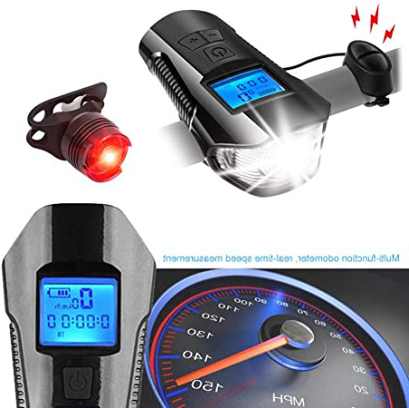 Daskoo Super Brillante Faro Impermeable para LED Bicicleta con Velocímetro Multifunción y Bocina, Luz Delantera de Bici Recargable por USB con Faro Integrado, Cuentakilómetros de Ciclo Multifunción