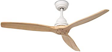 IKOHS - Ventilador de Techo con Mando a Distancia, 3 Aspas de Madera Natural, Potencia de 75W, Material del Cuerpo Aluminio, 132 cm de Diametro, 3 Velocidades, Color Blanco Mate