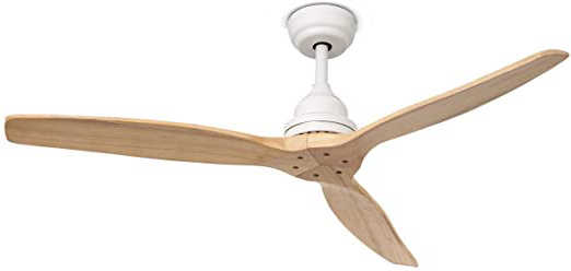 IKOHS - Ventilador de Techo con Mando a Distancia, 3 Aspas de Madera Natural, Potencia de 75W, Material del Cuerpo Aluminio, 132 cm de Diametro, 3 Velocidades, Color Blanco Mate