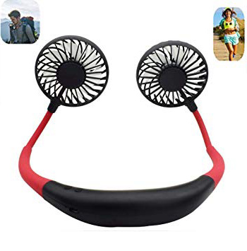 JCT Ventilador USB Portátil, Batería Recargable, Mini Ventilador, Diseño de Auriculares, Banda para El Cuello Portátil Ajustable Ventilador con LED Doble Cabeza de Viento (Black)