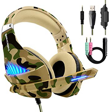 Beexcellent GM-500 Camuflaje, Cascos para PS4 Xbox one Nintendo Switch, Auriculares Premium Stereo con Microfono Unidireccional, Cancelacion Ruido, Diadema Acolchada y Ajustable.(Tiene un adaptador)