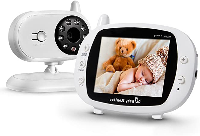 Powerextra Vigilabebé Bebé Monitor Inteligente con LCD 3.5" Cámara Visión Nocturna Cámara Vigilancia Bebé Temperatura Diálogo Canción de cuna Color Blanco