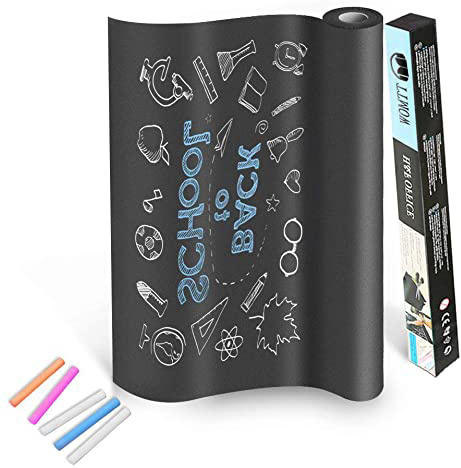 TTMOW Vinilo Lámina de Pizarra Negra Flexible Adhesivo Removible para Escribir y Borrar (Incluye 5 tizas), 43 x 200 cm, Color Negro