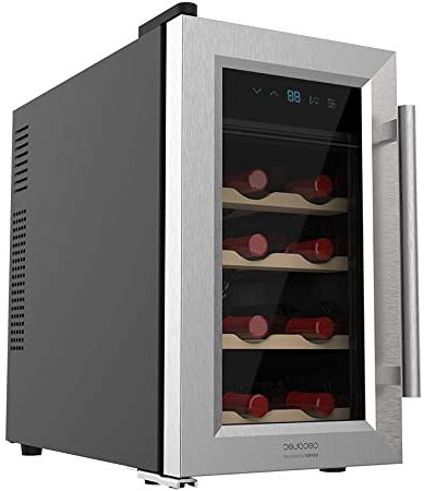 Cecotec Vinoteca de 8 Botellas con Capacidad de 25L. Diseño con Puerta de Cristal con Marco de Acero Inoxidable y estantes en Madera. Panel táctil y Pantalla LED.