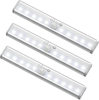 OxyLED Sensor luz del armario,LED luz del armario,bajo el armario,funciona con batería de iluminación con tira magnética pegada, auto encendido/apagado pegado en cualquier lugar,10 LED,3 unidades
