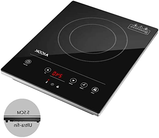 AICOK Placa de Inducción Portátil Full Crystal con 2000 W, 10 niveles de Potencia, Temporizador de 3 horas y Bloqueo de Seguridad, Control Táctil, Delgado de 5 cm y Programable