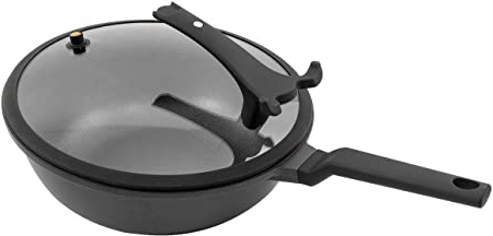 Kopf Cabeza Wok Mona (Aluminio Fundido, Diámetro 32 cm, 5,6 litros, Inducción, Incluye aufstellbarem Tapa de Cristal con Válvula de Presión), Color Negro