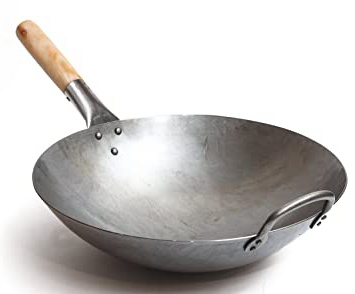 Wok tradicional de acero de carbono forjado a mano, con mango auxiliar de madera y acero (diámetro 35,6 cm, fondo redondo)/731W88, de Craft Wok