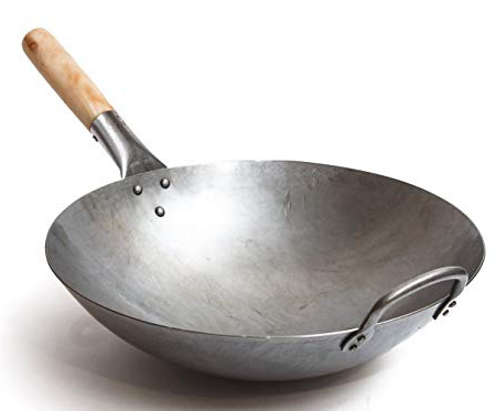 Wok tradicional de acero de carbono forjado a mano, con mango auxiliar de madera y acero (diámetro 35,6 cm, fondo redondo)/731W88, de Craft Wok