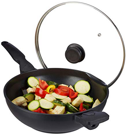 Relaxdays Sartén Wok para Vitrocerámica con Tapa, Aluminio, Negro, 58x31x15 cm