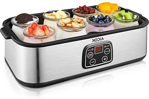 Yogurtera Aicok Yoghurt Hecho en Casa 8 Jarros de Vidrio 1440ml Pantalla LED con Ajuste de Temperatura y Temporizador Auto Apagado, Acero Inoxidable, 30W