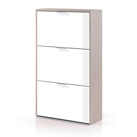 Habitdesign LC0877R - Zapatero con 3 Puertas Capacidad 18 Pares, Color Exterior Roble y Frontales Blanco Brillo, Medidas: 60 x 113 x 22 cm de Profundidad