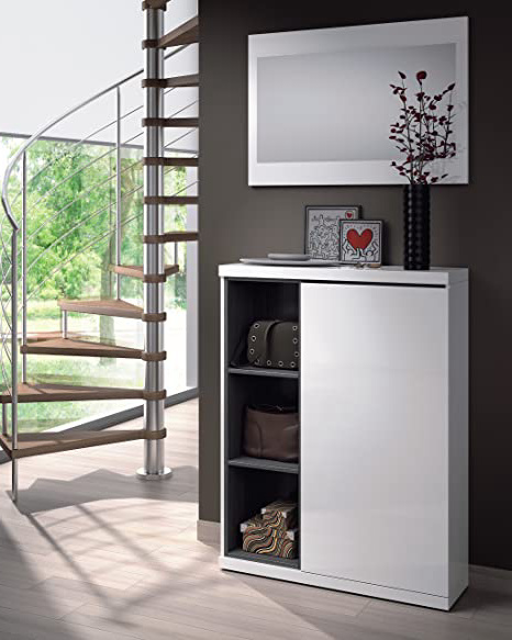 Habitdesign 0G6749BO - Recibidor zapatero + espejo, acabado Blanco Brillo y Gris Ceniza, medidas 79x108x25cm de fondo