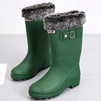 WSKMTX Botas De Lluvia,Mate Cálido Invierno Botas De Agua En El Tubo Más Algodón Terciopelo Lluvia Zapatos Hebilla Lateral De Diseño De Moda No,Slip Impermeable Botas De Caucho Verde