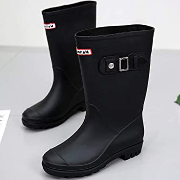 WSKMTX Botas De Lluvia,Mate Cálido Invierno Botas De Agua En El Tubo Detector De Lluvia Zapatos Hebilla Lateral De Diseño De Moda No,Slip Impermeable Botas De Caucho Negro